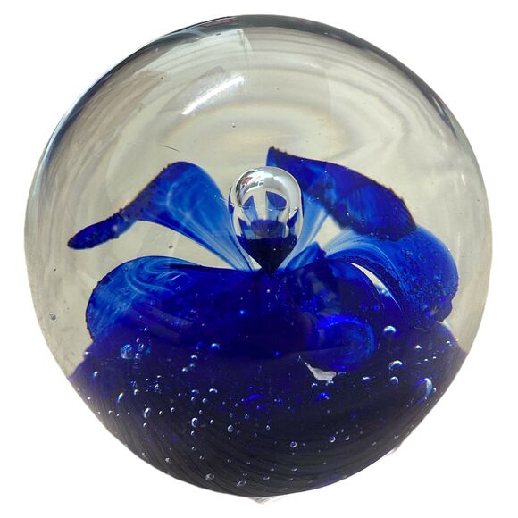 Murano Style Glass Paperweight: Blue Flower Bubble Globe, 3" Desk Decor - Picture 3 of 9